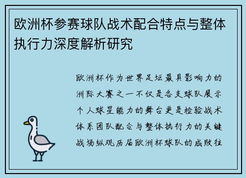 欧洲杯参赛球队战术配合特点与整体执行力深度解析研究