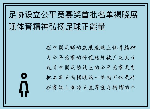 足协设立公平竞赛奖首批名单揭晓展现体育精神弘扬足球正能量